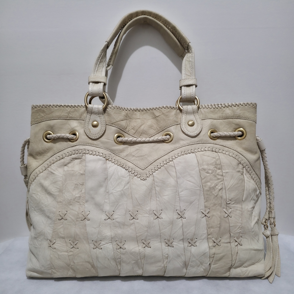 Isabella Fiore Ivory Leather Tote Large Boho Braided Stitching Purple Lining Bag